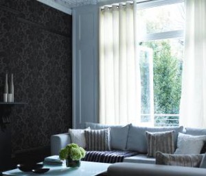 Monochrome decor  with white eyelet curtains