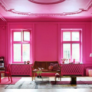 Neon pink colour blocking living room